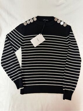 Balmain Black & White Striped Crewneck Sweater with Signature Shoulder Buttons